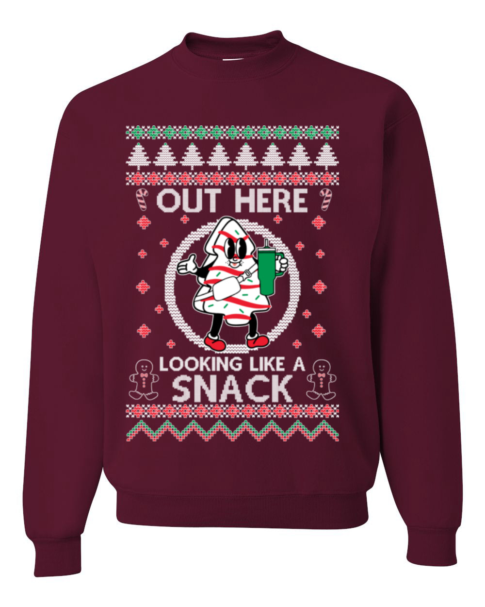 Out Here Looking Like a Snack, Funny Cute Xmas Peppermint Tree Gingerbread Cookie Meme Ugly Christmas Unisex Crewneck Sweatshirt