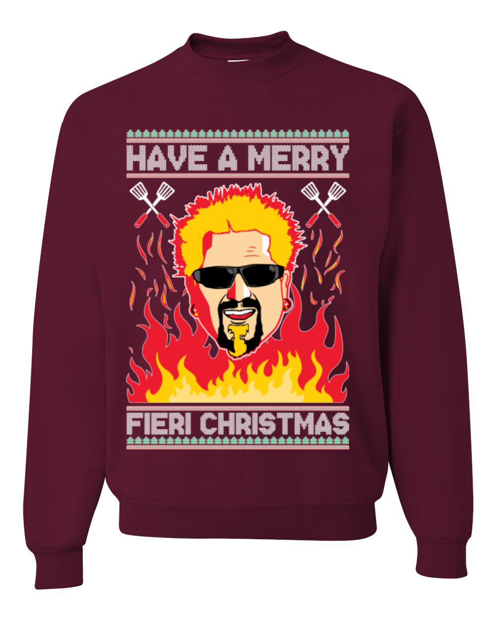 Have a Merry Fieri Christmas, Viral Grocery Games Meme, Flavor Fire Tequila TV Chef Ugly Christmas Sweater Ugly Christmas Unisex Crewneck Sweatshirt