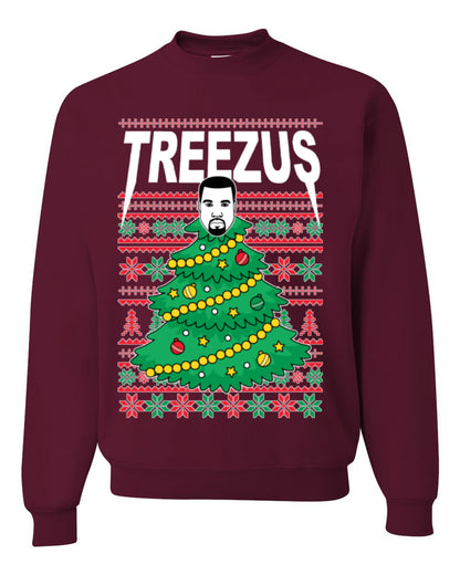 Treezus Funny Xmas Viral Meme Hip Hop Rapper Music Tour Merch, Tree Jesus Pun Joke Ugly Christmas Sweater Ugly Christmas Unisex Crewneck Sweatshirt