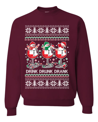 Drink Drank Drunk Funny Snowman, Funny Cocktail Wine Beer Alcohol Candy Cane Mixed Drinks Bar Crawl, Ugly Christmas Sweater Ugly Christmas Unisex Crewneck Sweatshirt
