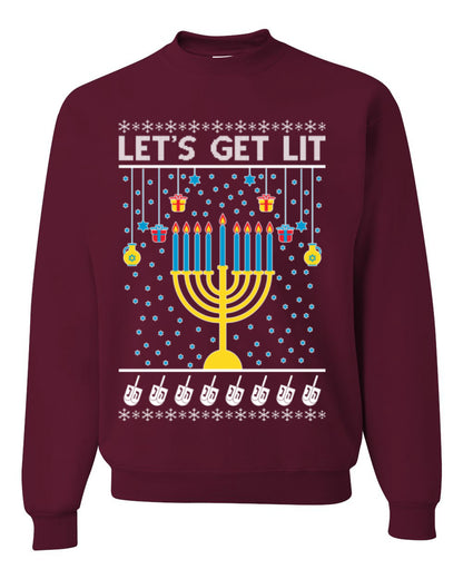Let's Get Lit, Funny Chanukah Menorah Winter Jewish Holidays, Hanukkah Ugly Christmas Sweater Ugly Christmas Unisex Crewneck Sweatshirt