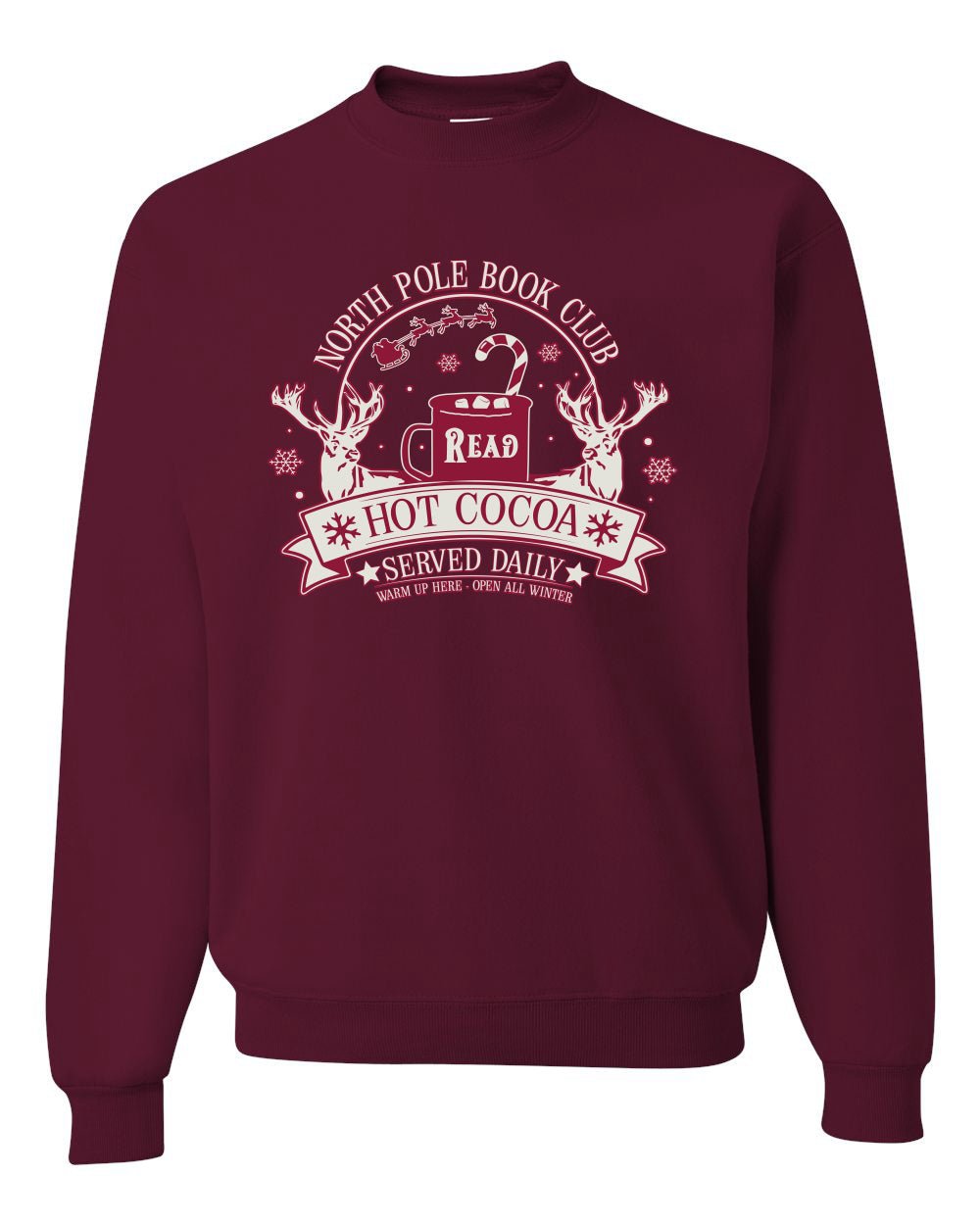 North Pole Book Club | Hot Cocoa Served Daily, Cute Funny Read Books Reading Snow Reindeer Winter Hot Chocolate Ugly Christmas Unisex Crewneck Sweatshirt