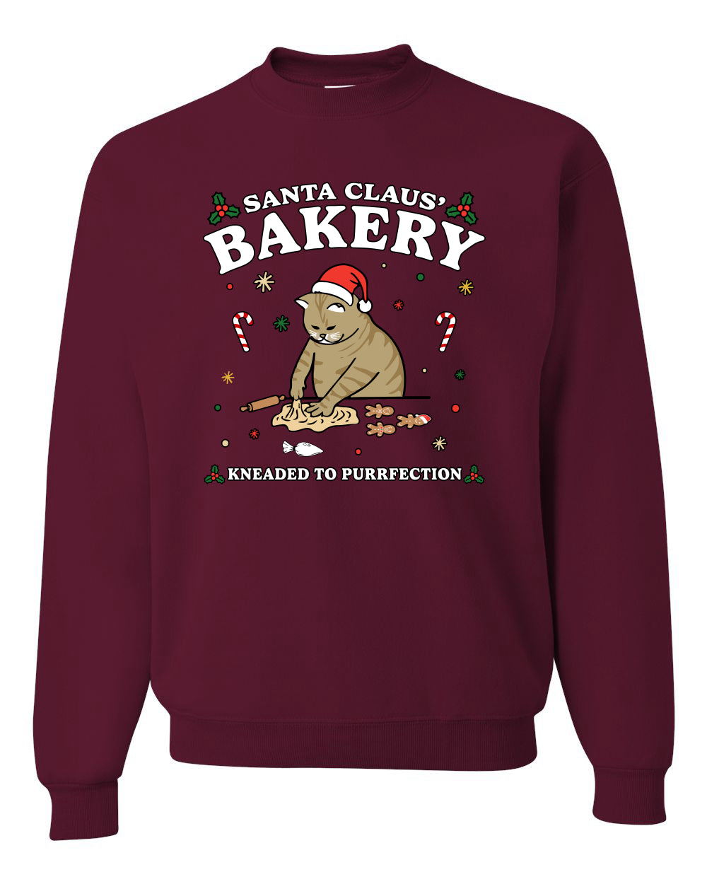 Santa Claus Bakery | Bread Kneaded to Purrfection, Funny Cute Cat Chef Baker Joke Ugly Christmas Unisex Crewneck Sweatshirt