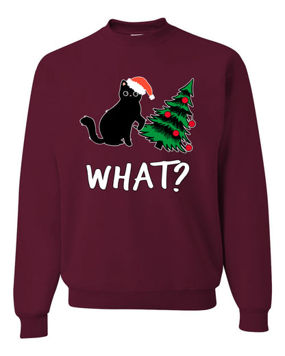 What? Funny Guilty Santa Cat Christmas Tree Mischief Pet Humor Ugly Christmas Unisex Crewneck Sweatshirt
