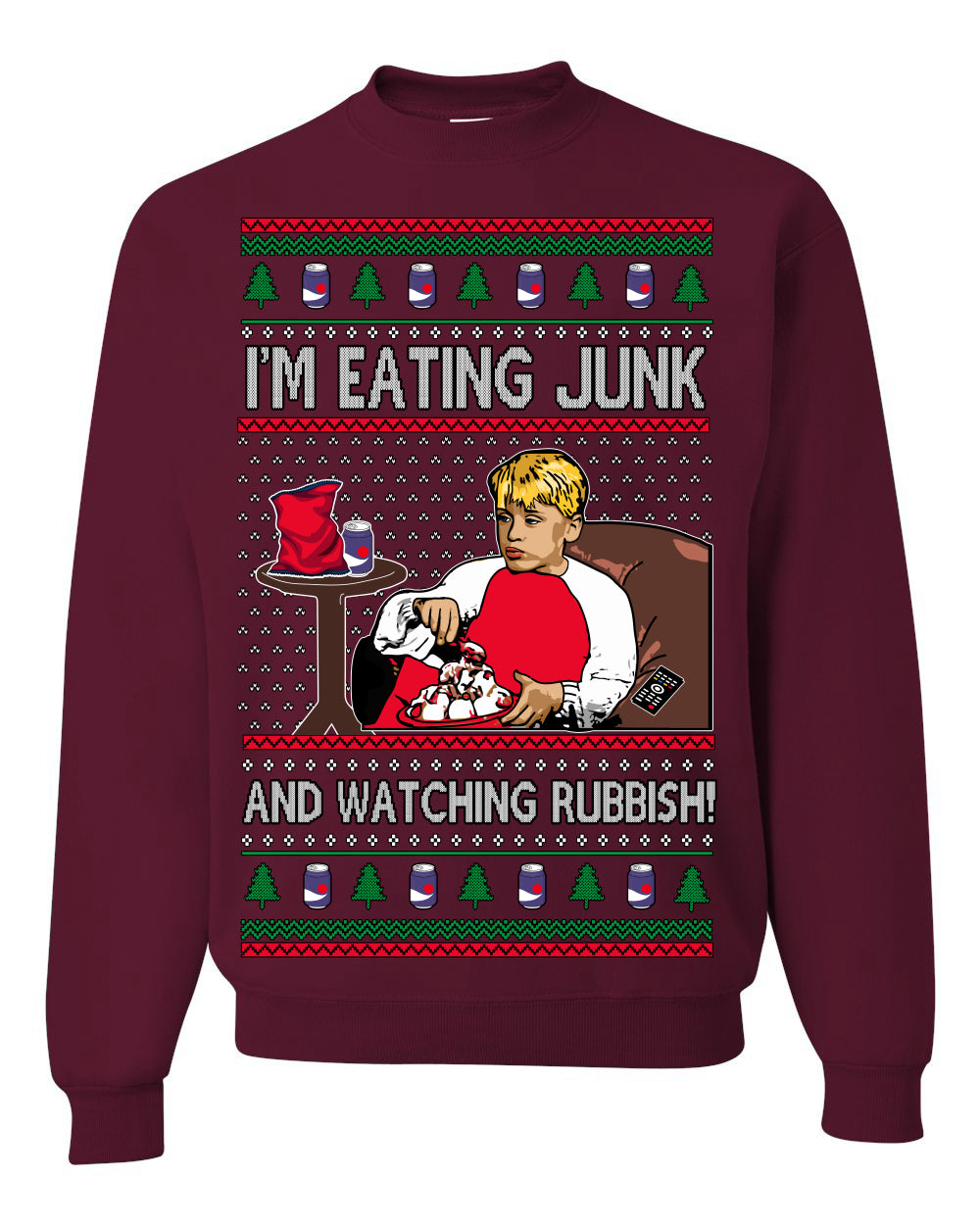 I'm Eating Junk and Watching Rubbish, Classic 90s Xmas Kevin Movie Ice Cream Soda Alone Movies, Ugly Christmas Sweater Ugly Christmas Unisex Crewneck Sweatshirt