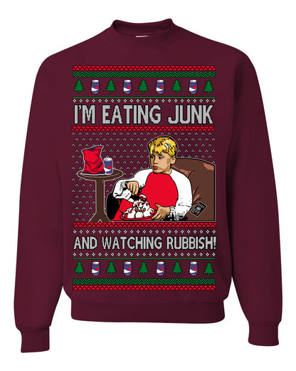 I'm Eating Junk and Watching Rubbish, Classic 90s Xmas Kevin Movie Ice Cream Soda Alone Movies, Ugly Christmas Sweater Ugly Christmas Unisex Crewneck Sweatshirt