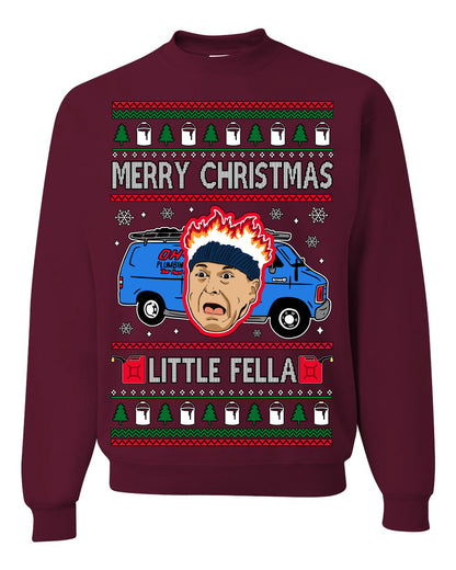 Merry Christmas Little Fella, Classic Funny 90s Harry Kevin Fire Plumbing Van Bandits, Movie Quote Ugly Christmas Sweater Ugly Christmas Unisex Crewneck Sweatshirt