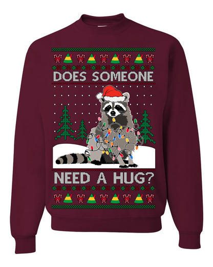 Does Someone Need a Hug? Funny Cute Santa Trash Panda Raccoon, Viral Meme Xmas Lights  Ugly Christmas Unisex Crewneck Sweatshirt