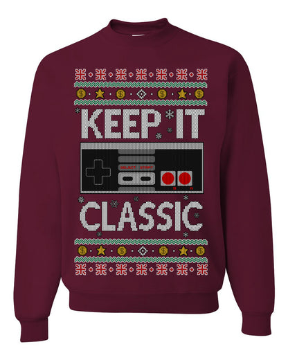 Keep It Classic 80s Video Game Controller, Retro Vintage Games  | Funny Ugly Christmas Sweater Crewneck Sweatshirt Ugly Christmas Unisex Crewneck Sweatshirt