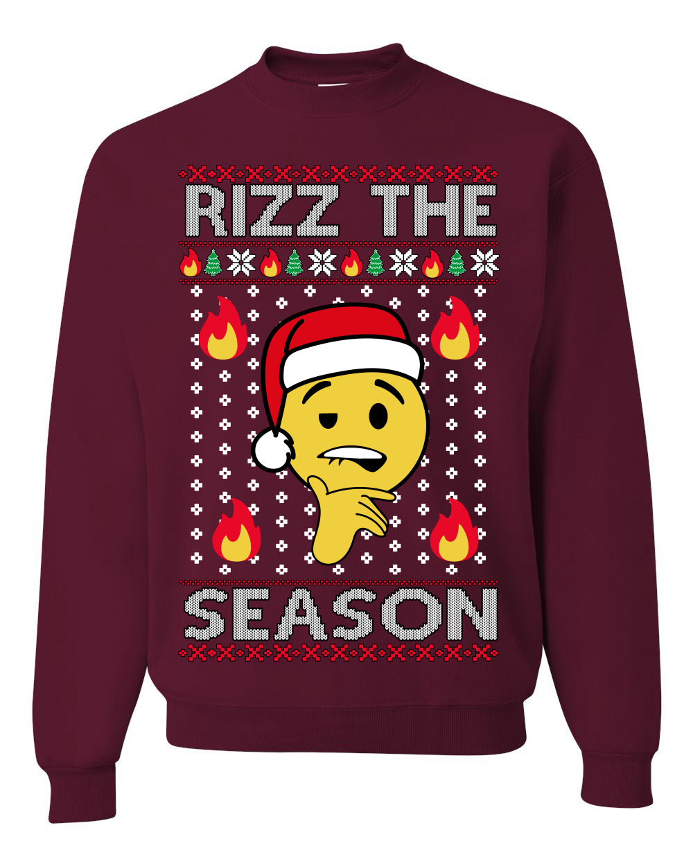 Rizz the Season, Viral Internet Fire Emoji Face Meme Romance Slang, Ugly Christmas Sweater Ugly Christmas Unisex Crewneck Sweatshirt