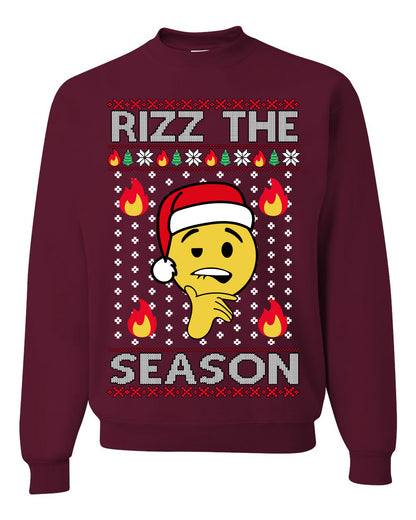 Rizz the Season, Viral Internet Fire Emoji Face Meme Romance Slang, Ugly Christmas Sweater Ugly Christmas Unisex Crewneck Sweatshirt