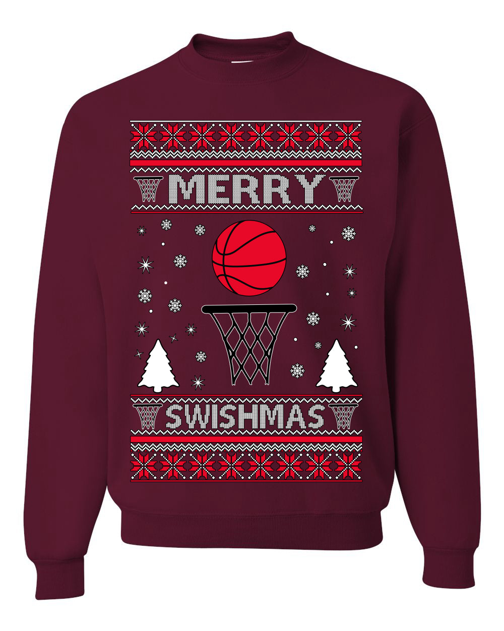 Merry Swishmas Basketball Sports Fan, Teen Sport Player Boys Girls Adult | Ugly Christmas Sweater Crewneck Sweatshirt Ugly Christmas Unisex Crewneck Sweatshirt