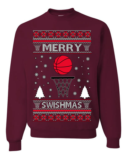 Merry Swishmas Basketball Sports Fan, Teen Sport Player Boys Girls Adult | Ugly Christmas Sweater Crewneck Sweatshirt Ugly Christmas Unisex Crewneck Sweatshirt