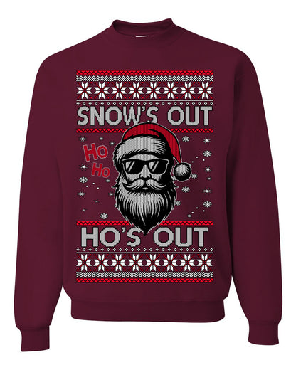 Snow's Out Hos Out | Funny Santa Claus Ugly Christmas Sweater Crewneck Sweatshirt Ugly Christmas Unisex Crewneck Sweatshirt