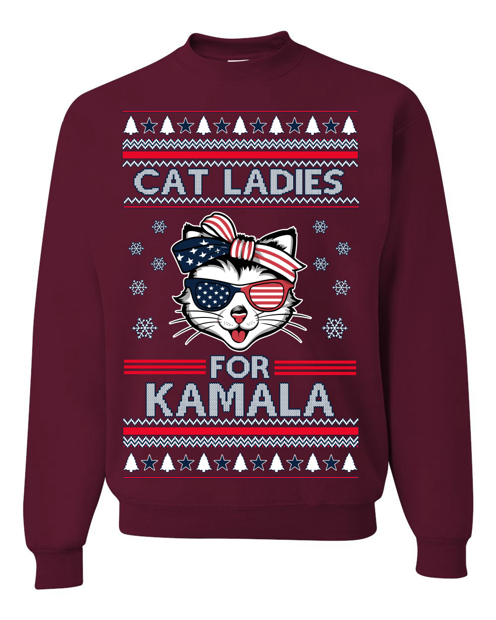 Cat Ladies for Kamala USA Glasses, Harris Tim Walz 2024 Cute USA Glasses Bow, Ugly Christmas Sweater Crewneck Sweatshirt Ugly Christmas Unisex Crewneck Sweatshirt