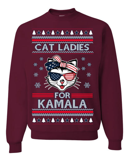 Cat Ladies for Kamala USA Glasses, Harris Tim Walz 2024 Cute USA Glasses Bow, Ugly Christmas Sweater Crewneck Sweatshirt Ugly Christmas Unisex Crewneck Sweatshirt