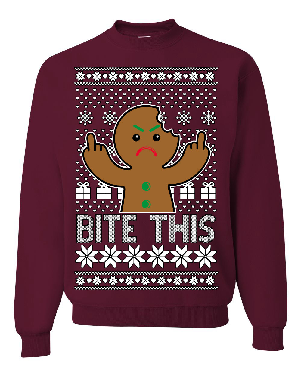 Bite This, Funny Gingerbread Cookie Offensive Inappropriate Middle Finger, F U Ginger Bread Dirty Novelty Xmas Ugly Christmas Sweater Ugly Christmas Unisex Crewneck Sweatshirt
