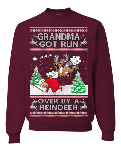 Grandma Got Run Over by a Reindeer, Funny Animated Design Rein Deer Kids TV Song Movie, Ugly Christmas Sweater Ugly Christmas Unisex Crewneck Sweatshirt