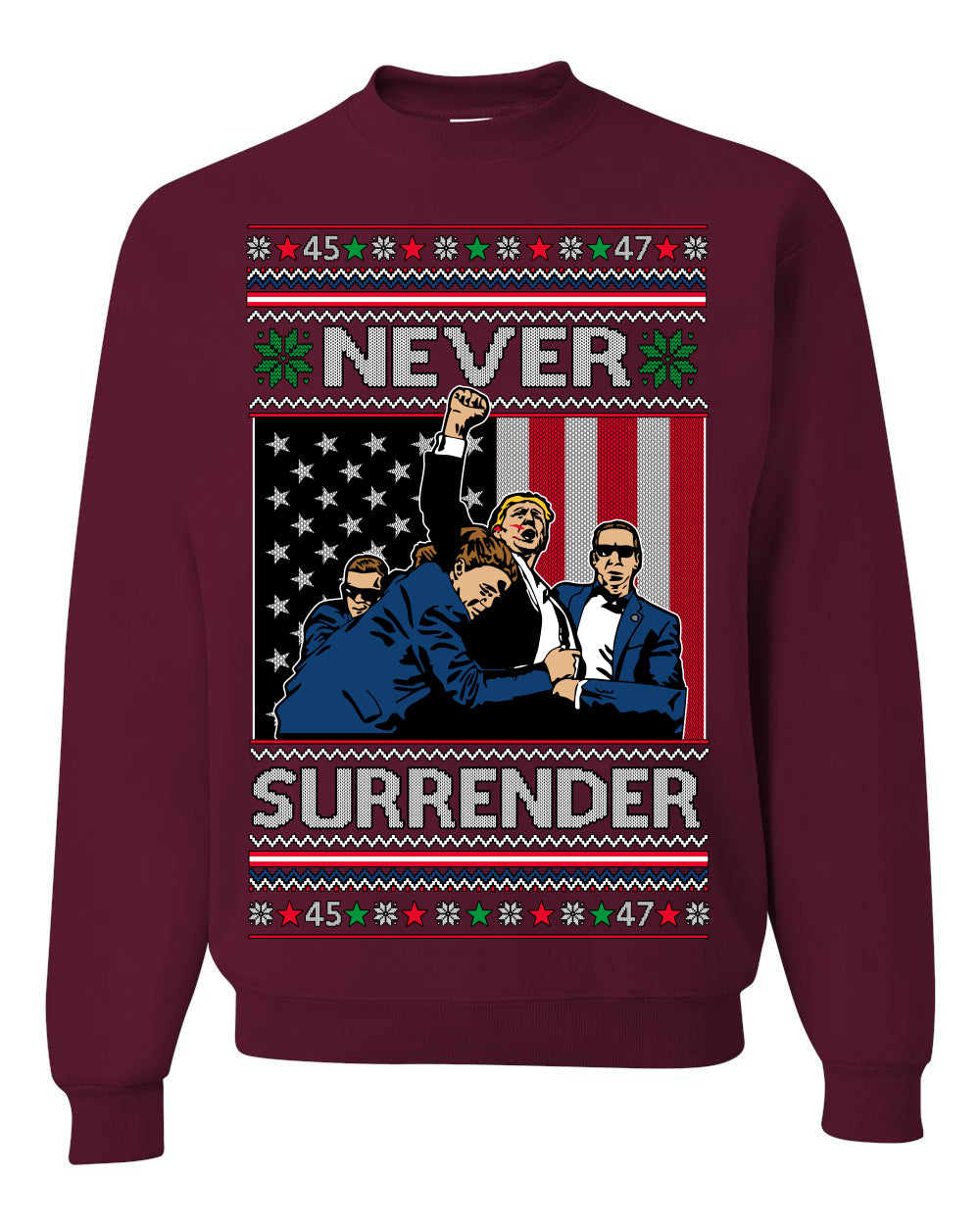 Never Surrender, Pro Donald Trump Fight Fight Fight Fist Pump 2024 Butler PA Rally Shot, Ugly Christmas Sweater Ugly Christmas Unisex Crewneck Sweatshirt