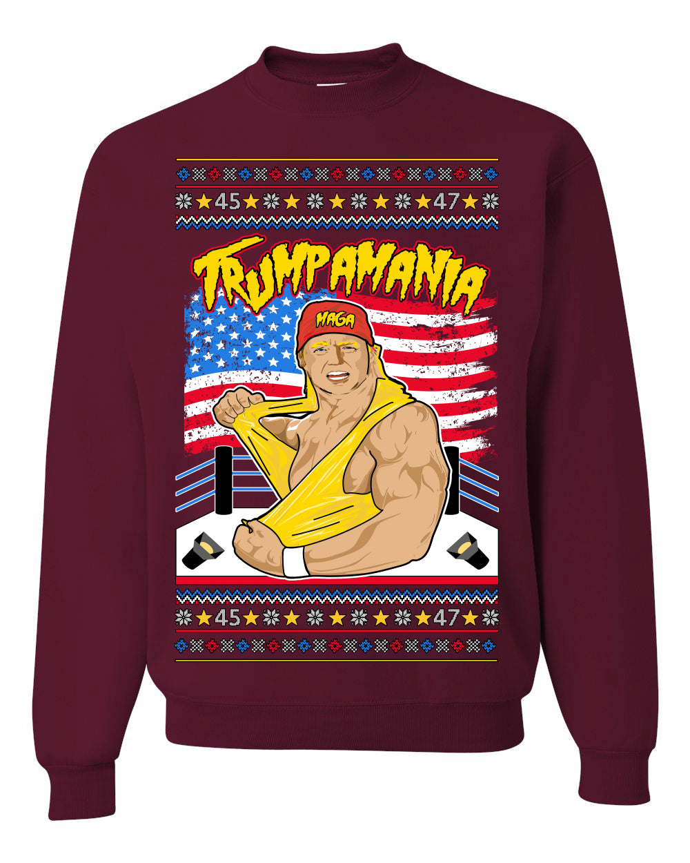 Trumpamania Funny Hogan 80s USA Wrestling Sports Parody, Donald Trump Vance 2024 Wrestler MAGA Make America Great Again, Ugly Christmas Sweater Ugly Christmas Unisex Crewneck Sweatshirt