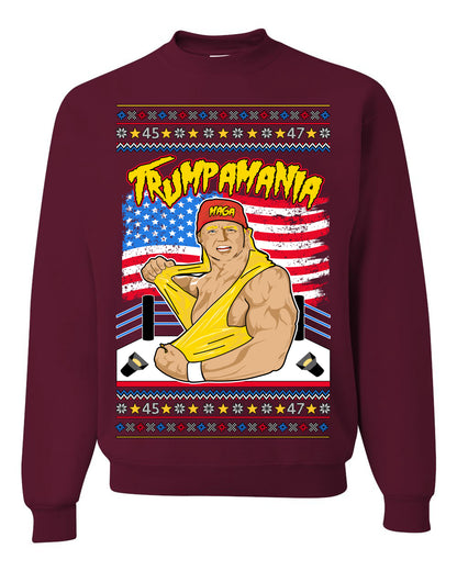 Trumpamania Funny Hogan 80s USA Wrestling Sports Parody, Donald Trump Vance 2024 Wrestler MAGA Make America Great Again, Ugly Christmas Sweater Ugly Christmas Unisex Crewneck Sweatshirt