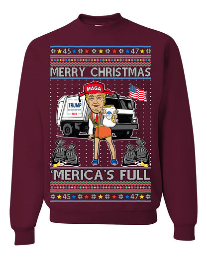 Donald Trump Merry Christmas Merica's Full, Cousin Eddie Christmas Vacation Garbage for Trump Funny Viral Meme, Ugly Christmas Sweater Ugly Christmas Unisex Crewneck Sweatshirt