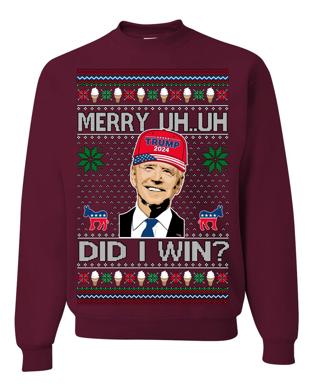 Merry Uh Did I Win? Funny Confused Joe Biden, Liberal Democrats Election 2024 Ugly Christmas Sweater Ugly Christmas Unisex Crewneck Sweatshirt