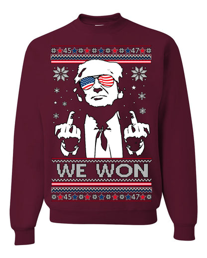 We Won Funny 45 47 President Trump Shot USA Glasses, 47th USA President of the United States, Gift for Republicans Conservatives Ugly Christmas Sweater Ugly Christmas Unisex Crewneck Sweatshirt