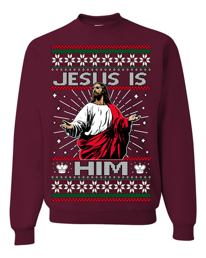 Jesus Is Him Funny Gen Z Viral Meme Shades, Religious Christ Christian Christianity Brain Rot Joke Slang Ugly Christmas Sweater Ugly Christmas Unisex Crewneck Sweatshirt