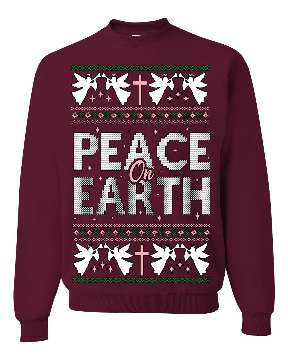 Peace On Earth Funny Xmas Cute Pink Angel Cross, Women Men Religious Christian Catholic Ugly Christmas Sweater Ugly Christmas Unisex Crewneck Sweatshirt