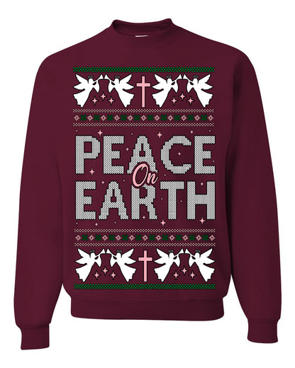 Peace On Earth Funny Xmas Cute Pink Angel Cross, Women Men Religious Christian Catholic Ugly Christmas Sweater Ugly Christmas Unisex Crewneck Sweatshirt