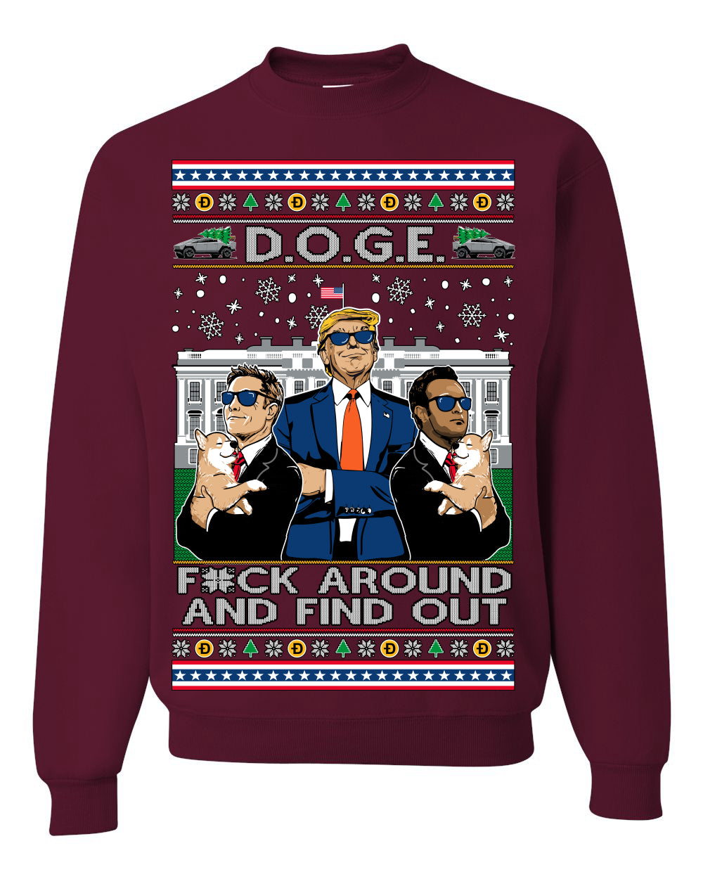Doge F Around and Find Out Donald Trump Elon Vivek, Department of Govenmental Efficiency D.O.G.E. Republicans MAGA Ugly Christmas Sweater Ugly Christmas Unisex Crewneck Sweatshirt