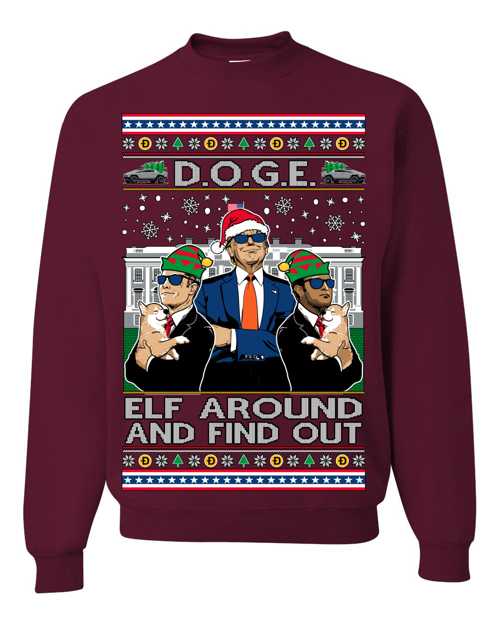 Doge Elf Around and Find Out Trump Elon Vivek, Department of Govenmental Efficiency D.O.G.E. Republicans MAGA Ugly Christmas Sweater Ugly Christmas Unisex Crewneck Sweatshirt