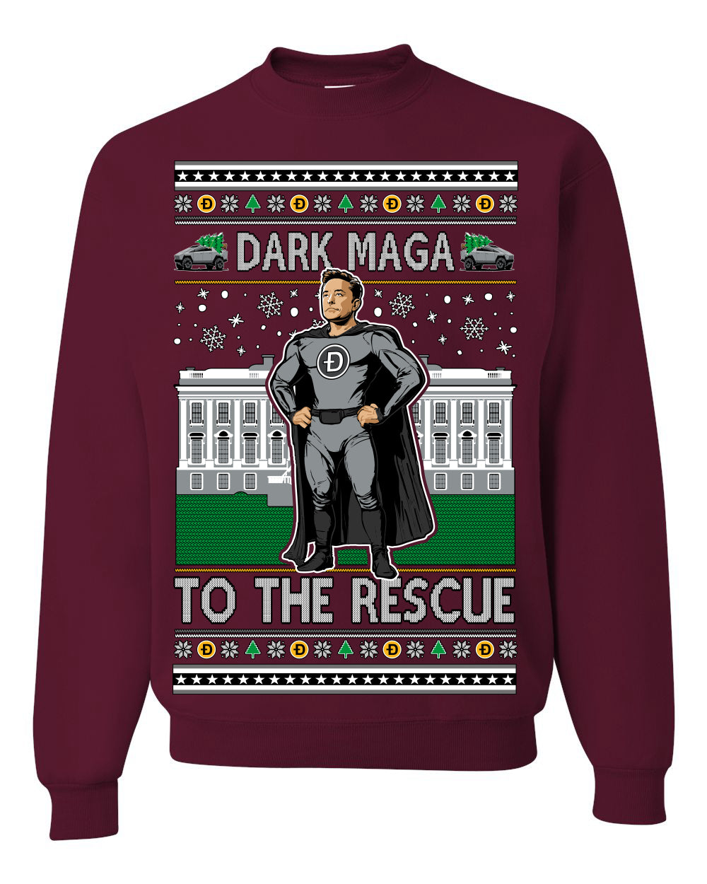 Dark MAGA to the Rescue, Elon Superhero Doge Crypto Dogecoin Make America Great Again Trump 2024 Ugly Christmas Sweater Ugly Christmas Unisex Crewneck Sweatshirt