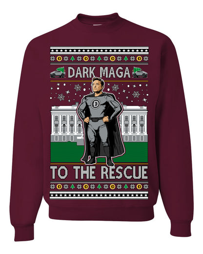 Dark MAGA to the Rescue, Elon Superhero Doge Crypto Dogecoin Make America Great Again Trump 2024 Ugly Christmas Sweater Ugly Christmas Unisex Crewneck Sweatshirt