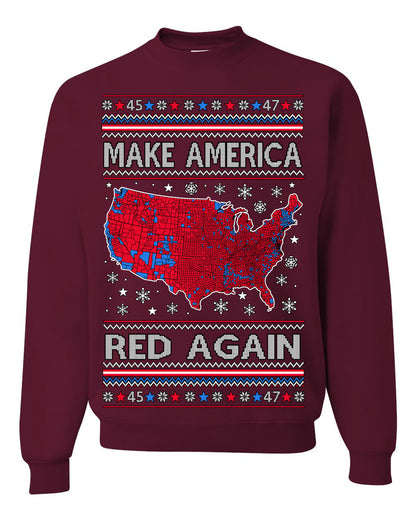 Make America Red Again USA Map, President Donald Trump 2024 MAGA Red Wave, Ugly Christmas Sweater Ugly Christmas Unisex Crewneck Sweatshirt