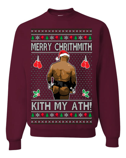 Merry Chrithmith Kith My Ath, Mike Tyson Butt Viral Kiss My Ass Boxing Fight Meme, Men Women Funny Ugly Christmas Sweater Ugly Christmas Unisex Crewneck Sweatshirt