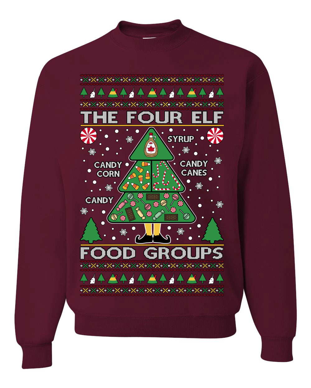 The Four Elf Food Groups, Peppermint Chocolate Candy Canes Syrup, Funny Ugly Christmas Sweater Ugly Christmas Unisex Crewneck Sweatshirt