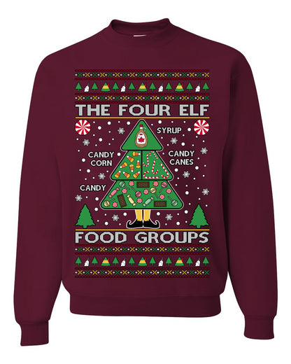The Four Elf Food Groups, Peppermint Chocolate Candy Canes Syrup, Funny Ugly Christmas Sweater Ugly Christmas Unisex Crewneck Sweatshirt