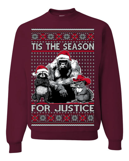 Tis the Season For Justice, RIP Harambe Peanut the Squirrel Fred Raccoon Viral Save our Pets Meme, Ugly Christmas Sweater Ugly Christmas Unisex Crewneck Sweatshirt