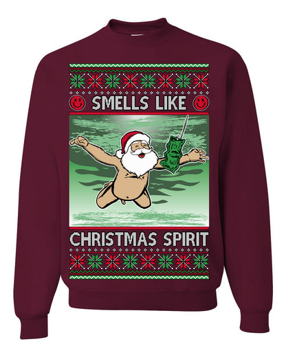 Smells Like Christmas Spirit, Funny Santa Claus Classic 90s Alternative Rock Album Cover Music Parody Ugly Christmas Sweater Ugly Christmas Unisex Crewneck Sweatshirt