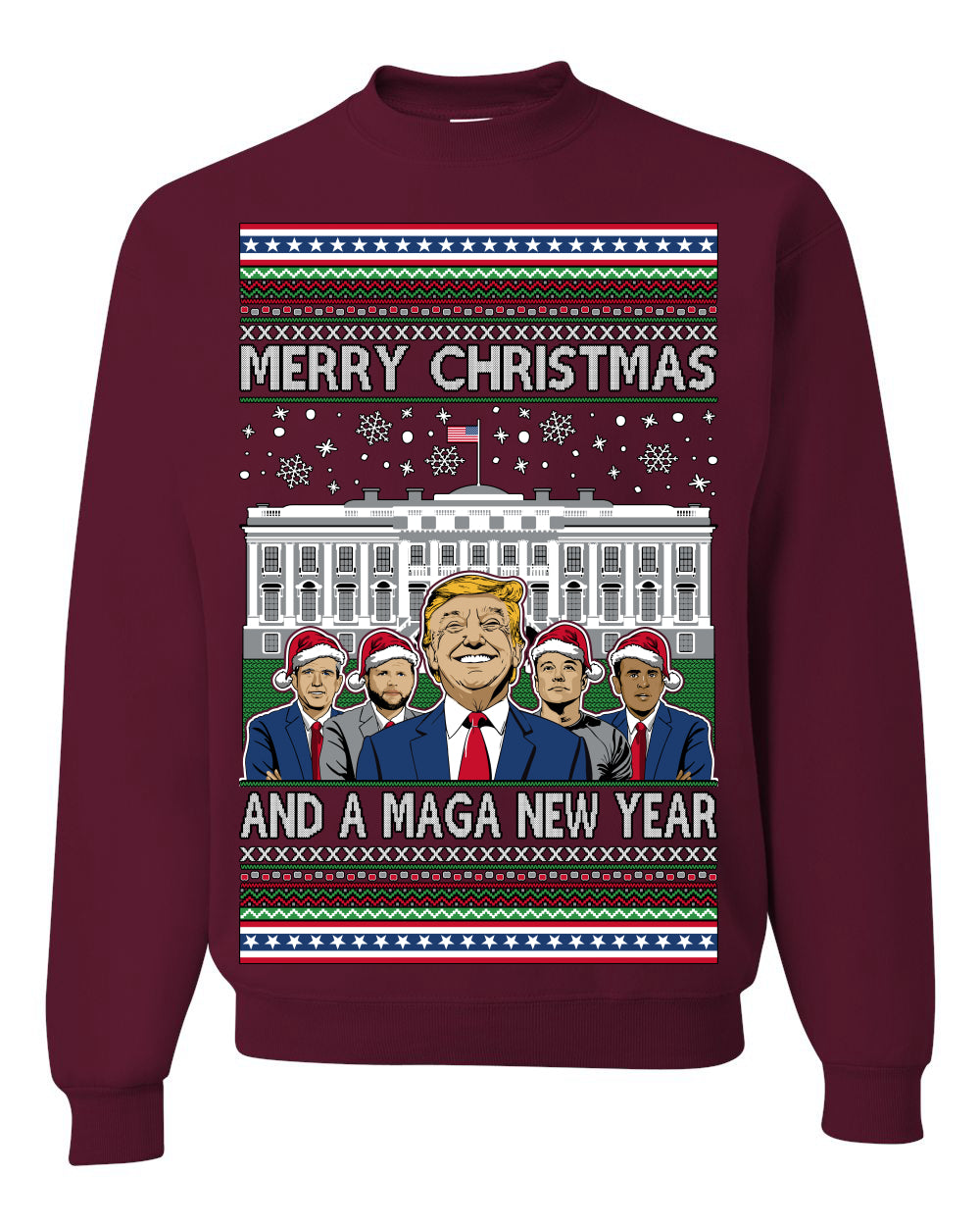 Merry Christmas and a MAGA New Year 2025, Trump Vance Administration 45 47 Make America Great Again USA Ugly Christmas Sweater Ugly Christmas Unisex Crewneck Sweatshirt