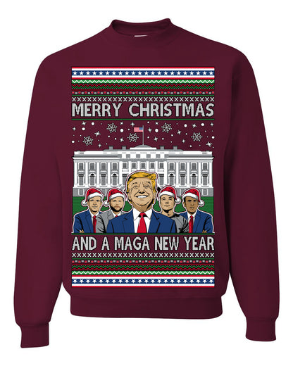 Merry Christmas and a MAGA New Year 2025, Trump Vance Administration 45 47 Make America Great Again USA Ugly Christmas Sweater Ugly Christmas Unisex Crewneck Sweatshirt