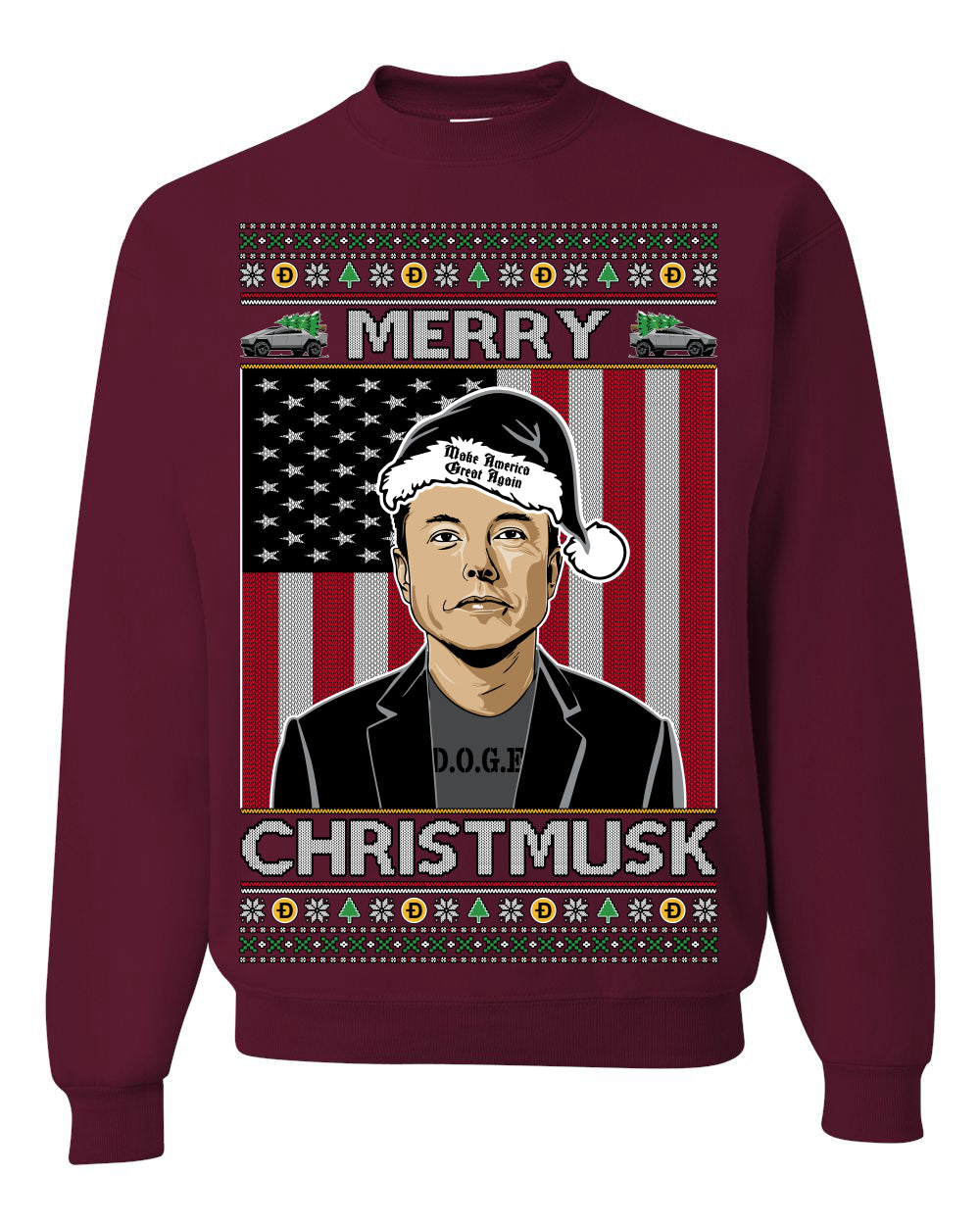 Merry Christmusk Funny Dark MAGA Santa Elon Doge Meme, Crypto Dogecoin America First USA Republican Ugly Christmas Sweater Ugly Christmas Unisex Crewneck Sweatshirt