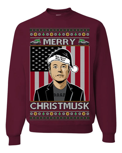 Merry Christmusk Funny Dark MAGA Santa Elon Doge Meme, Crypto Dogecoin America First USA Republican Ugly Christmas Sweater Ugly Christmas Unisex Crewneck Sweatshirt