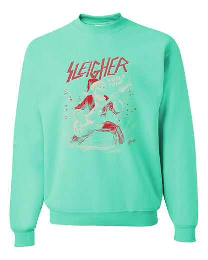 Sleigher World Tour | Funny Heavy Metal Electric Rock Guitar Skull Santa Claus Xmas North Pole Ugly Christmas Unisex Crewneck Sweatshirt