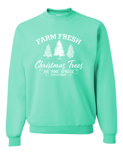 Farm Fresh Christmas Trees Classic White Design | Fir Pine Sprice, Cut and Carry, Classic Vintage Winter Holiday Tree Logo Ugly Christmas Unisex Crewneck Sweatshirt