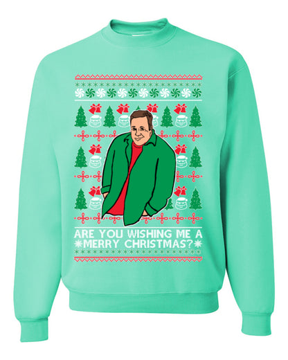 Are You Wishing Me a Merry Christmas? Funny Kevin Viral Shrug Shrugging Actor Meme Ugly Christmas Unisex Crewneck Sweatshirt
