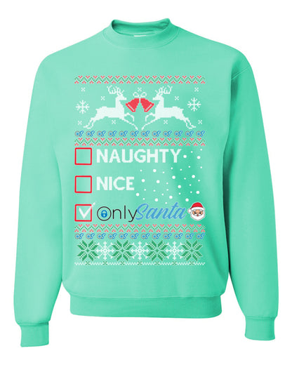 Naughty Nice OnlySanta, Funny Reindeer Santa Claus Viral Website App Meme, Ugly Christmas Sweater Ugly Christmas Unisex Crewneck Sweatshirt