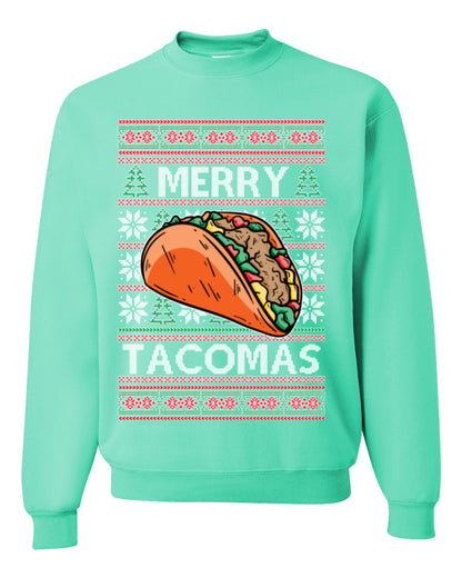 Merry Tacomas, Funny Xmas Al Pastor Barbacoa Chicken Pork Beef Carnitas Pollo Taco Guac, Spanish Mexican Food Ugly Christmas Sweater Ugly Christmas Unisex Crewneck Sweatshirt